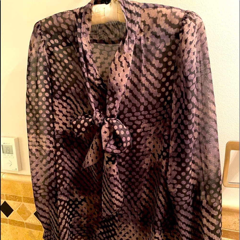 Theory Blurred Primo Print Sheer Kitten Bow Tie Blouse